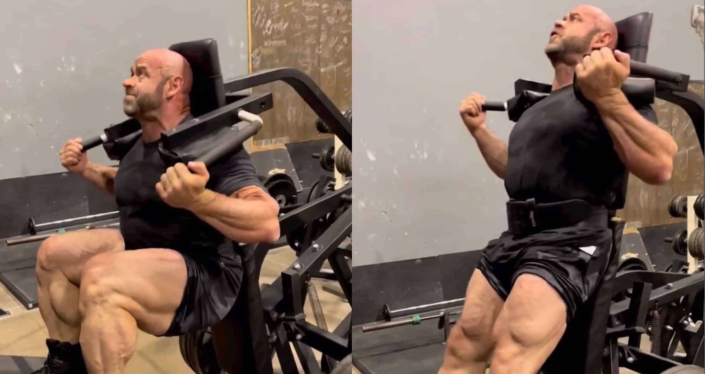 Still Training Like a Pro, Branch Warren Pushes Serious Weight on the Machine Hack Squat