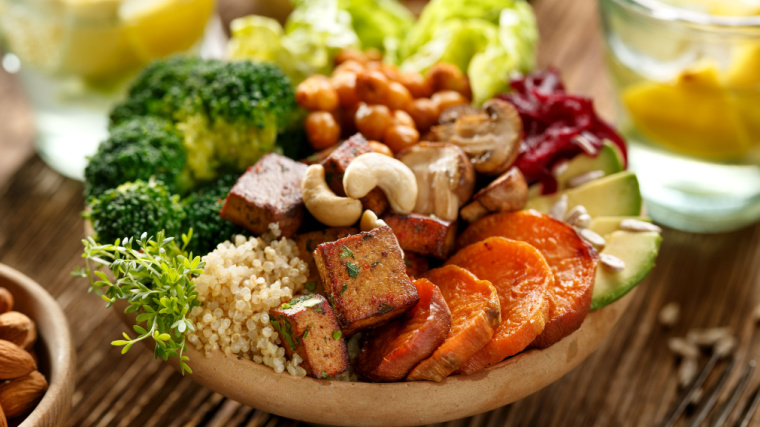 Buddha bowl of mixed vegetables, healthy and nutritious vegan meal.