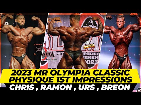 2023 Mr Olympia classic physique prejudging 1st impressions , Chris Bumstead on point , Ramon vs Urs