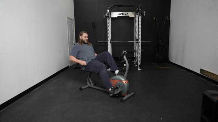 Our tester riding the Marcy ME-709 Recumbent Exercise Bike.